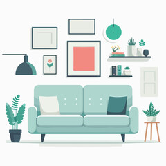 Illustration of flat design simple sofa chair with decorative plant, photo frame, lamp, wall shelf. Design for furniture, interior, home decoration
