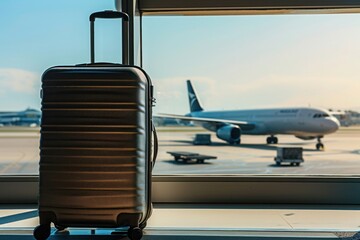 a suitcase is sitting in front of a window at an airport - 737692585