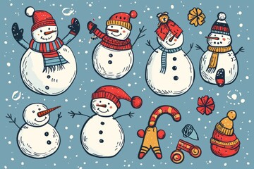 Cartoon cute doodles of a snowy day, with characters building snowmen, having snowball fights, and enjoying winter activities, Generative AI