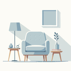 flat design illustration of loveseat with plant decoration, lamp, and photo frame on the wall. Design for furniture, interior, home decor