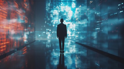 businessman walking in the city future business ideas and technology 