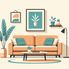 vintage home interior decoration illustration with sofa chair, table, houseplants, photo frame, shelf