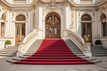 Luxury royal palace interior with red carpet on the stairs.