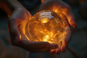 Human hands holding a transparent glowing orb
