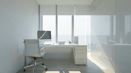 Fototapeta na wymiar Minimalistic Corner Office with White Desk and Large Window
