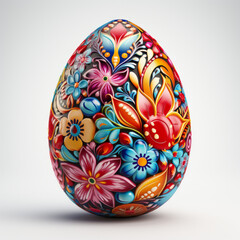 Vibrantly Decorated Easter Egg with Floral Patterns on White Background

