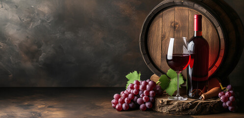 Obraz na płótnie Canvas Vineyard's Treasure: Red Wine with Grapes and Barrel