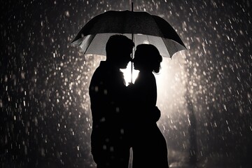 A loving couple is using an umbrella to protect them from the rain, a romantic pose, with a black background with the effect of rain splashes