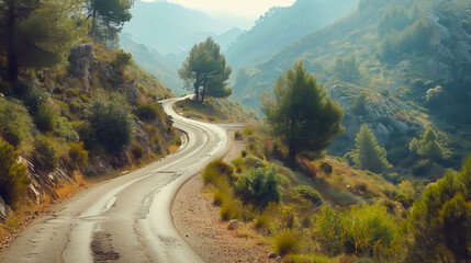 A person enjoying a scenic drive along a winding mountain road. 