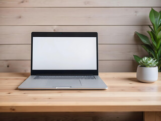 Fototapeta premium laptop with blank screen for mockup. laptop on a wooden table. cozy atmosphere, neutral colors.