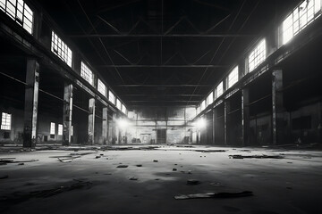 Abandoned industrial interior of an old factory. Black and white photo.