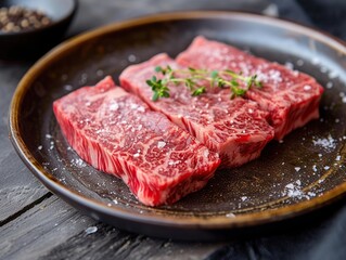 Fototapeta premium Raw fresh marbled beef steak with herbs on a black plate.
