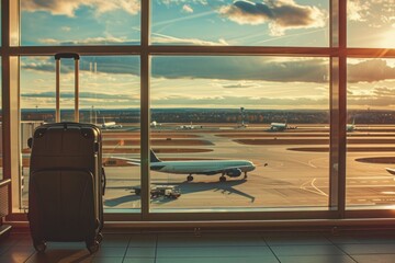 A suitcase sits by a large airport window, overlooking the sky and clouds