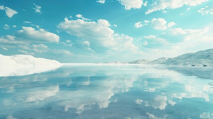 Salt Lake with Smooth Surface and Blue Sky Reflection