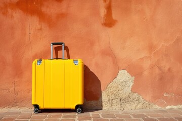 a yellow suitcase is leaning against a red wall - 737694795