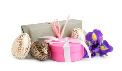 Easter eggs, iris and gifts on white background