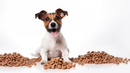 Dog happiness eating pellet food in the bowl on white background, isolated on background