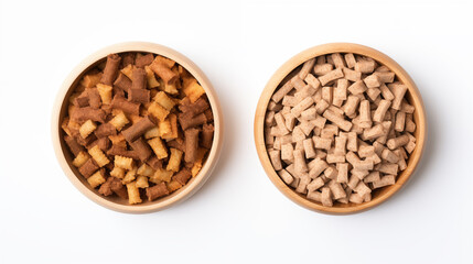 Pellets of dry food for dog and cat in the bowl, white background