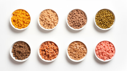 Pellets of dry food for dog and cat in the bowl, white background