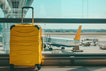 A yellow suitcase rests by an airplane on the runway, ready for air travel - 737695199