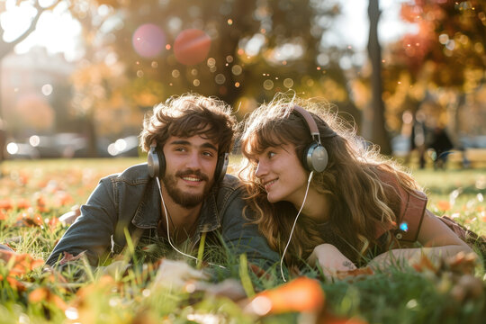 a happy couple lying on grass in a park with headphones