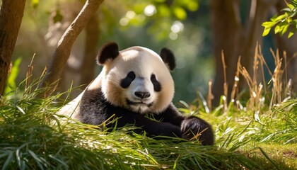 Fototapeta premium Panda peacefully napping in a sun-dappled clearing, with soft grass beneath its paws and a gentle breeze rustling through the trees