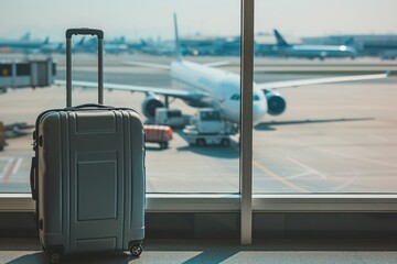 a suitcase is sitting in front of a window at an airport - 737695518