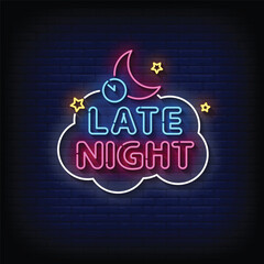 Neon Sign late night with brick wall background vector - obrazy, fototapety, plakaty