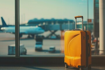A yellow suitcase is resting by the window overlooking the sky at the airport - 737695589