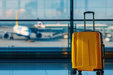 A yellow suitcase rests by an aircraft window, ready for air travel