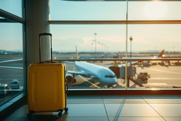a yellow suitcase is sitting in front of a window at an airport - 737695725