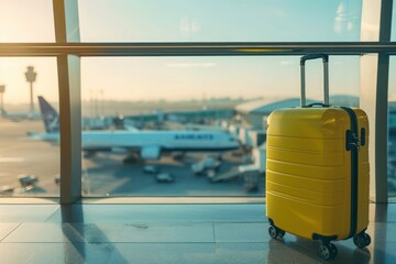 A yellow suitcase rests by the window of the airport building - 737695968