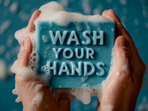 Photo of a cyan soap bar, with the text "wash your hands" written on it, with soap suds, AI generated image
