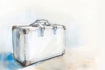 An electric blue suitcase rests on a table in a watercolor painting - 737696149