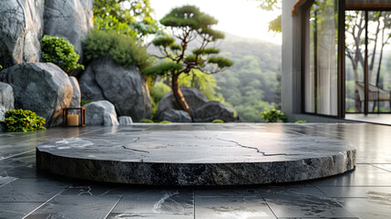 Zen Garden with Black Glass Podium, Modern Minimalist Design, Green Scenery, Peaceful Meditation Space Concept