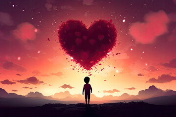 Silhouette of Alone Boy Standing in Mountains Landscape with Red Heart Shape Love Illustration Art Against Dramatic Sky