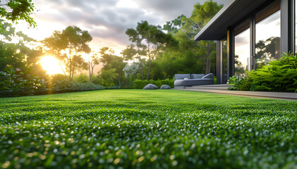 Beautiful house backyard with fresh green smooth lawn under the morning sunlight