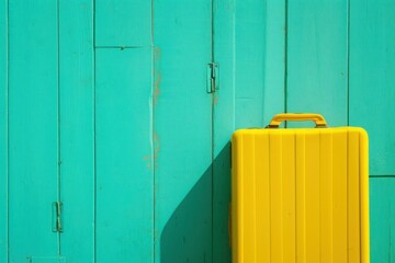 a yellow suitcase is leaning against a blue wooden wall - 737696558
