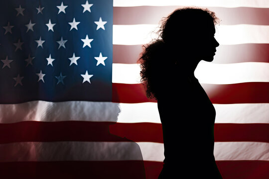 Silhouette of Woman in Front of American Flag. 4th of July Independence Day Celebration