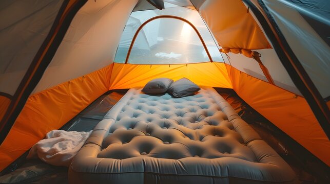 camping inflatable mattress with a pillow inside a tent
