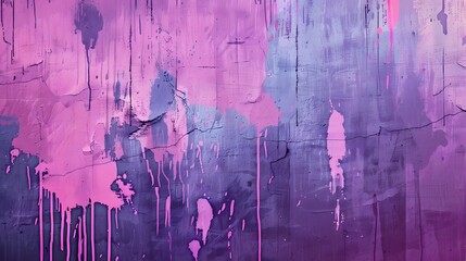 Messy paint strokes and smudges on an old painted wall background. Abstract wall surface with part of graffiti. Purple and pink drips, flows, streaks of paint and paint sprays - obrazy, fototapety, plakaty