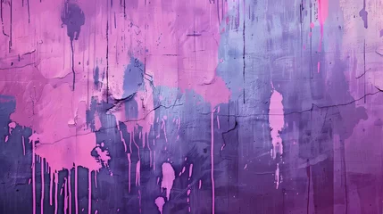Fotobehang Messy paint strokes and smudges on an old painted wall background. Abstract wall surface with part of graffiti. Purple and pink drips, flows, streaks of paint and paint sprays © Ziyan