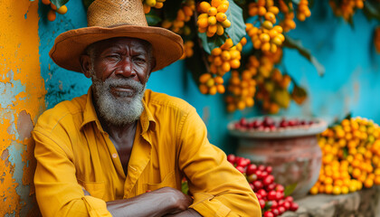 Hispanic farmer sitting at home with his arms crossed. Colorful headshot with fruits on the background - obrazy, fototapety, plakaty