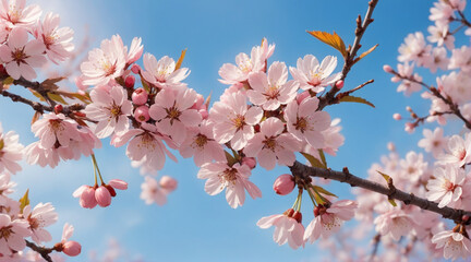 Very beautiful cherry blossoms are blooming in the morning against the backdrop of a clear blue sky