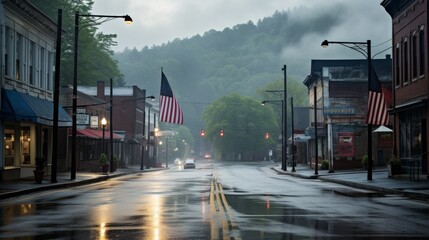 Wet Street With American Flags