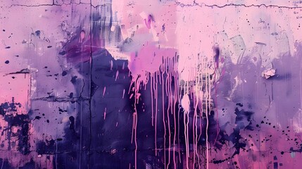 Messy paint strokes and smudges on an old painted wall background. Abstract wall surface with part of graffiti. Purple and pink drips, flows, streaks of paint and paint sprays