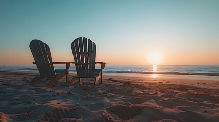 Two empty beach chairs on beach at sunset.
