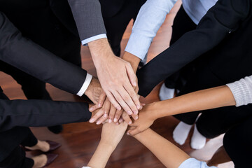 Multiracial business people make synergy hand stack together in meeting room as cooperation or team...