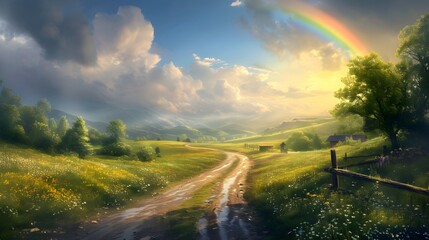 A beautiful landscape scene with a colorful rainbow arcing across a lush green field under a bright blue sky - obrazy, fototapety, plakaty