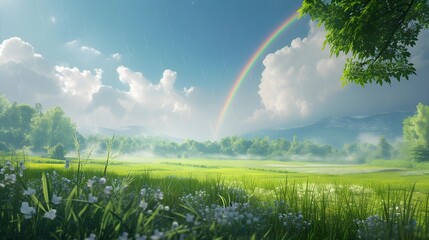 A beautiful landscape scene with a colorful rainbow arcing across a lush green field under a bright blue sky